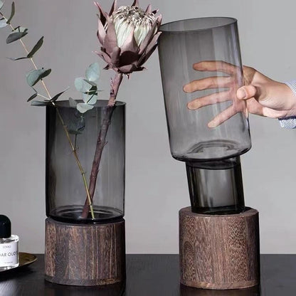 Solid Wood Base Transparent Glass Vase