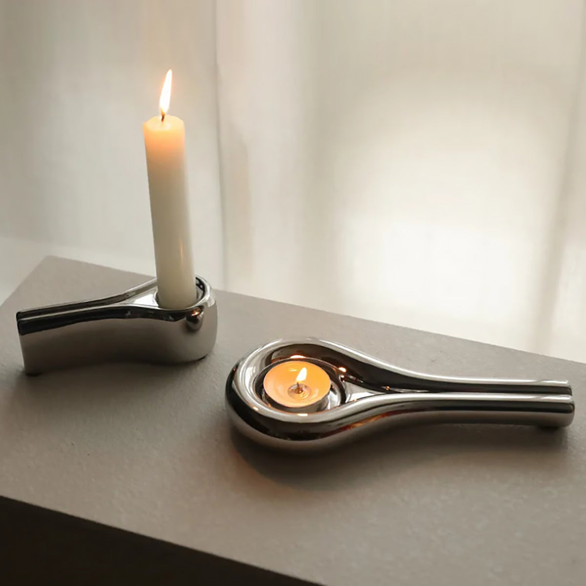 Silver Plated Ceramic Geometric Candle Holder