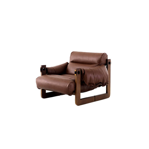 Vintage Solid Wood Vegan Leather Wide Seat Lounge Chair