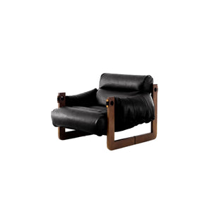 Vintage Solid Wood Vegan Leather Wide Seat Lounge Chair