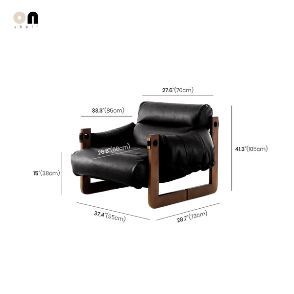 Vintage Solid Wood Vegan Leather Wide Seat Lounge Chair