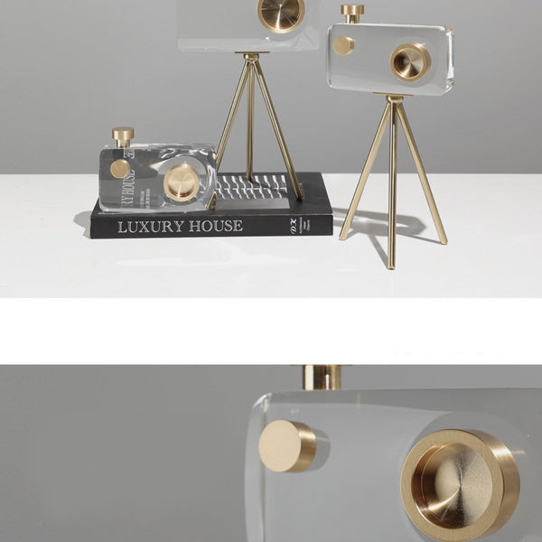 Escultura de cámara con trípode de oro hecha a mano en cristal macizo