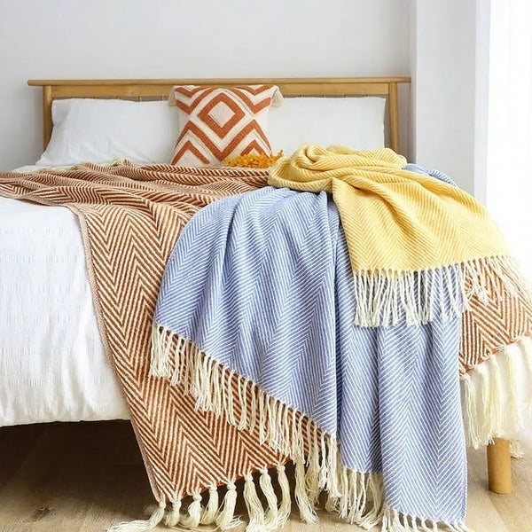 Striped Geometric Jacquard Knitted Throw Blanket