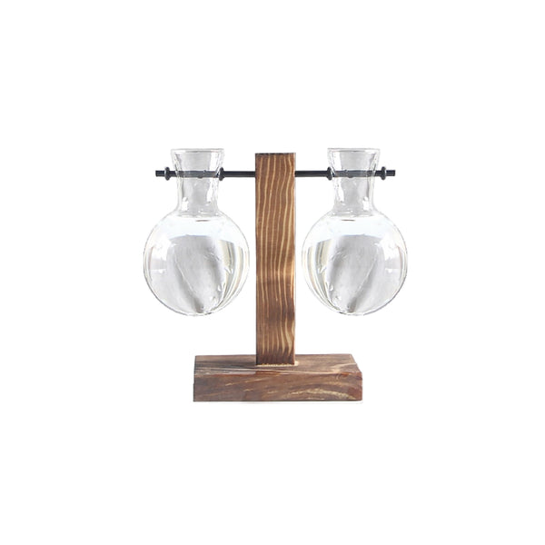 Hydroponischer Blumentopf aus Glas mit Holzsockel im Vintage-Stil