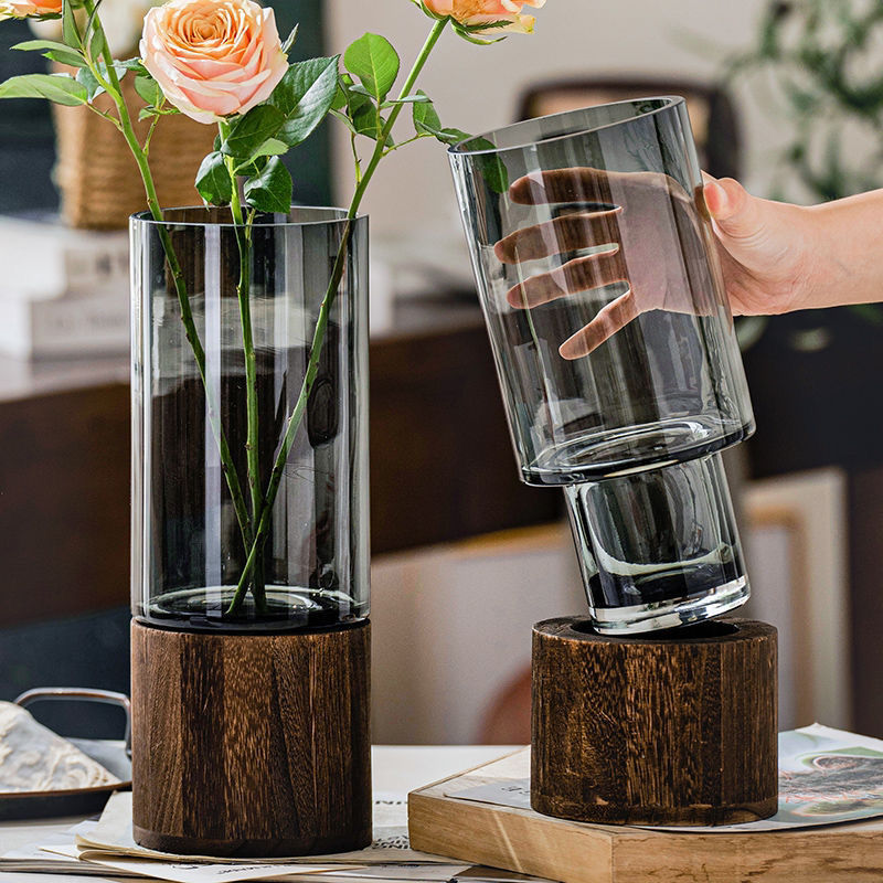 Solid Wood Base Transparent Glass Vase